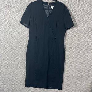 Shomi Dress Womens 10 Black Faux Wrap Knee Length Buttons‎ Office Career Work